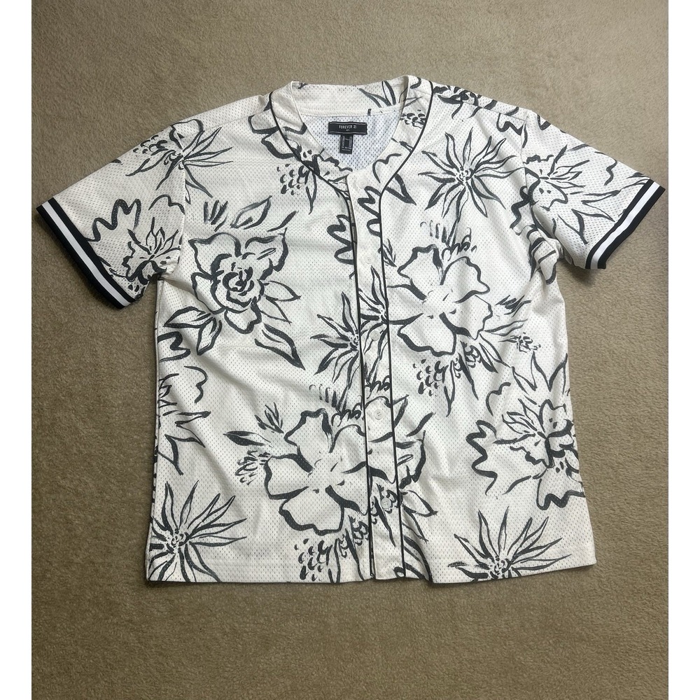 Forever 21 Mens XXL Black White Tropical Floral Hawaiian Button Up Jersey‎ Mesh